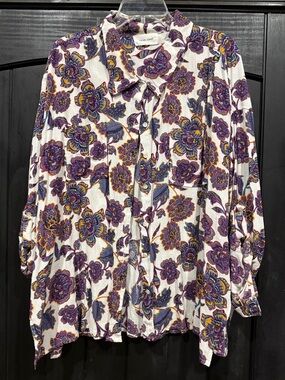 Dear John White Floral Button-Up Blouse in Purple
